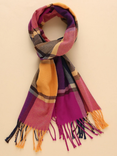 Multi Colour Fringe Hem Plaid Scarf - Multi